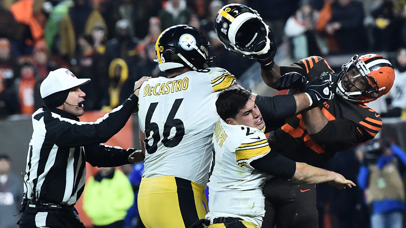 Cleveland Browns defensive end Myles Garrett and Pittsburgh Steelers quarterback Mason
