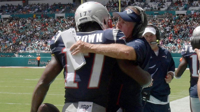 Patriots wide receiver Antonio Brown, head coach Bill Belichick