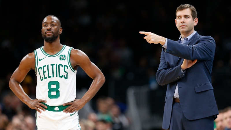 Boston Celtics point guard Kemba Walker and head coach Brad Stevens