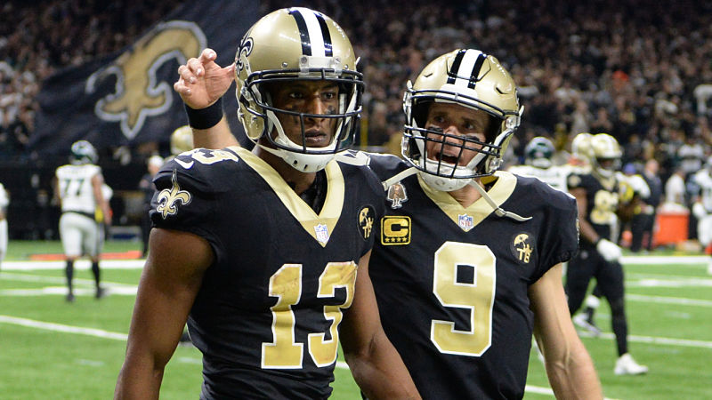 New Orleans Saints wide receiver Michael Thomas and quarterback Drew Brees