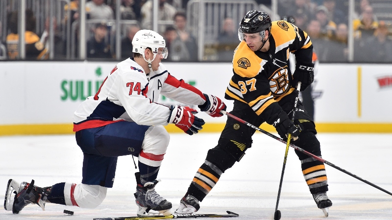 Boston Bruins center Patrice Bergeron (37) and Washington Capitals defenseman John Carlson (74)