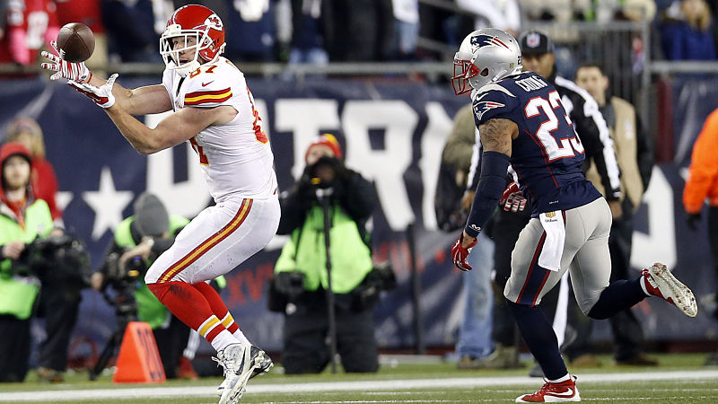 Kansas City Chiefs tight end Travis Kelce and New England Patriots safety Patrick Chung