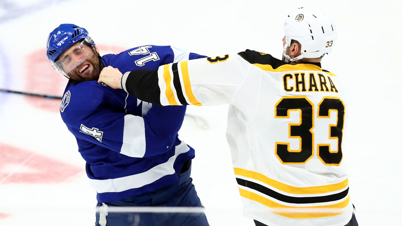 Tampa Bay Lightning Winger Pat Maroon And Boston Bruins Defenseman Zdeno Chara