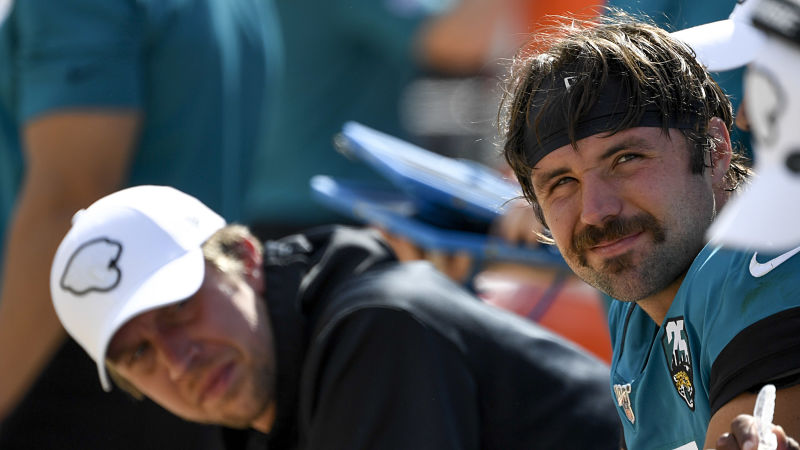 Jacksonville Jaguars quarterback Gardner Minshew and quarterback Nick Foles