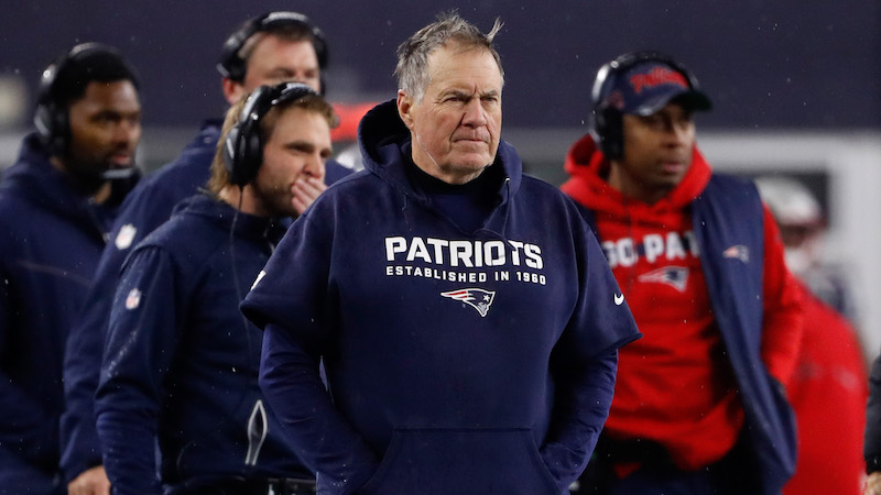 Patriots coaches Bill Belichick, Steve Belichick, Jerod Mayo, DeMarcus Covington, Bret Bielema