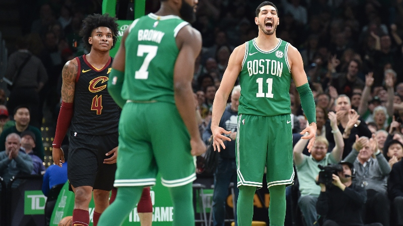 Boston Celtics center Enes Kanter (11) and guard Jaylen Brown (7)