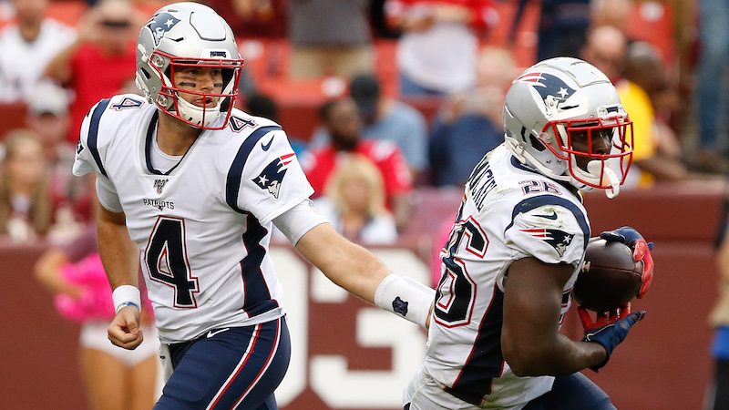 New England Patriots quarterback Jarrett Stidham and running back Sony Michel