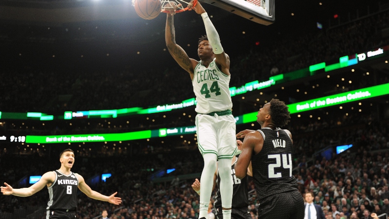 Boston Celtics center Robert Williams III (44) and Sacramento Kings guard Buddy Hield (24)
