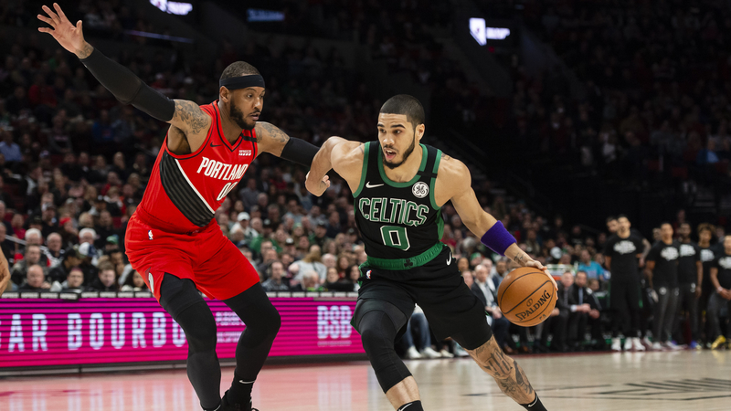 Portland Trail Blazers Forward Carmelo Anthony And Boston Celtics Forward Jayson Tatum