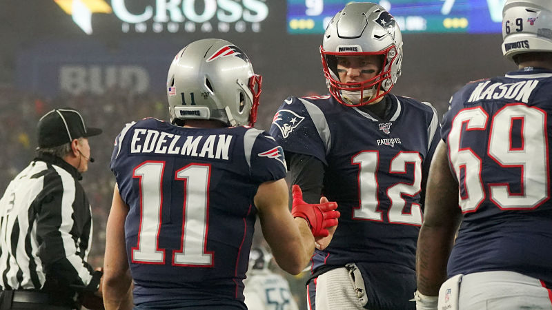 New England Patriots wide receiver Julian Edelman and quarterback Tom Brady