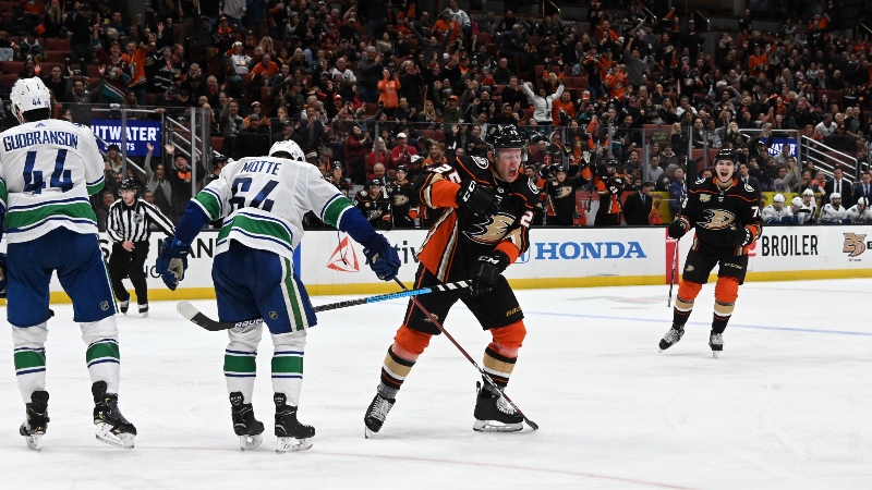 NHL winger Ondrej Kase (25) and Vancouver Canucks defenseman Erik Gudbranson (44) and center Tyler Motte (64)