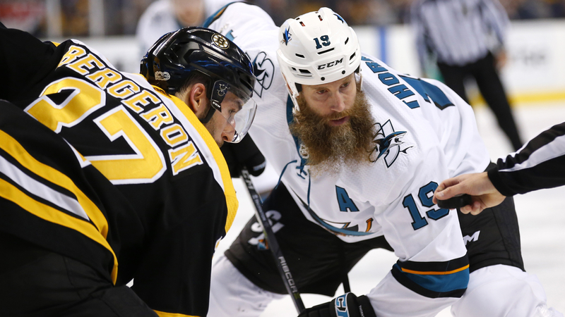 Sharks center Joe Thornton, Bruins center Patrice Bergeron