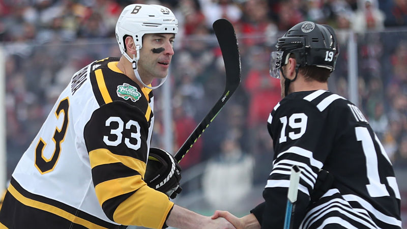Bruins captain Zdeno Chara, Blackhawks captain Jonathan Toews