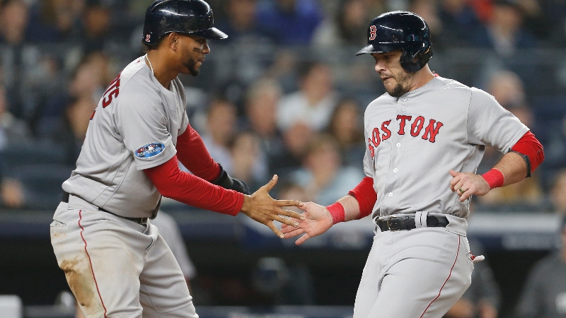 Boston Red Sox shortstop Xander Bogaerts (left) and former infielder Steve Pearce