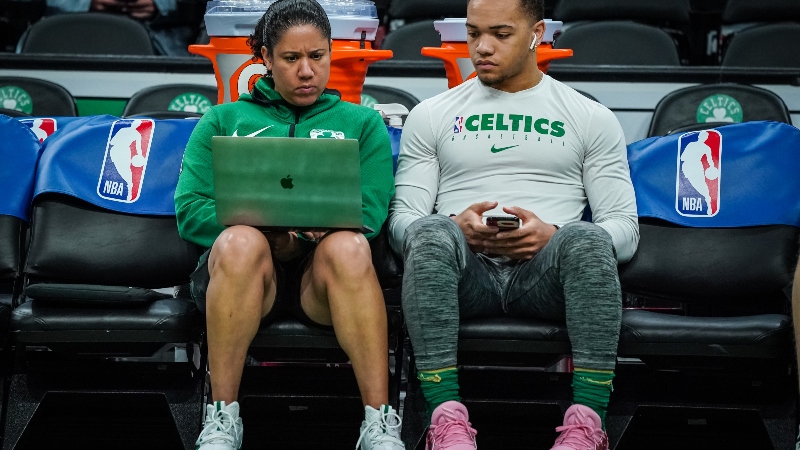 Boston Celtics assistant coach Kara Lawson and guard Carsen Edwards