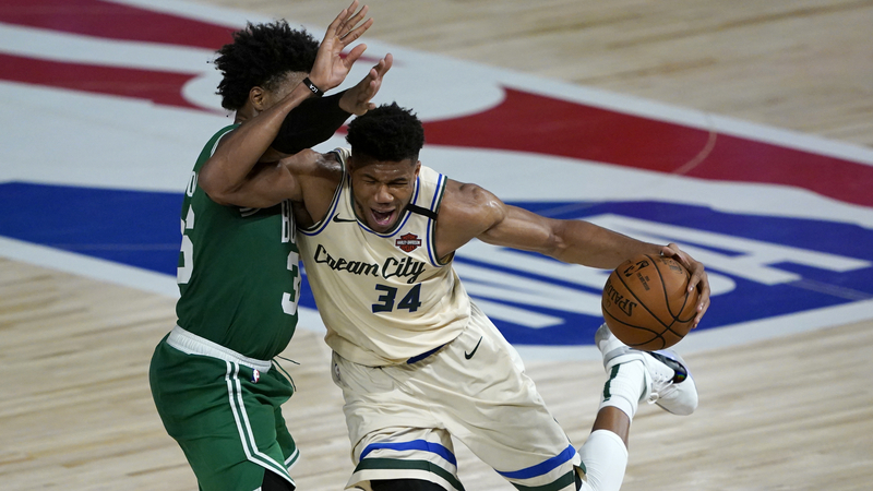 Bucks forward Giannis Antetokounmpo, Celtics guard Marcus Smart