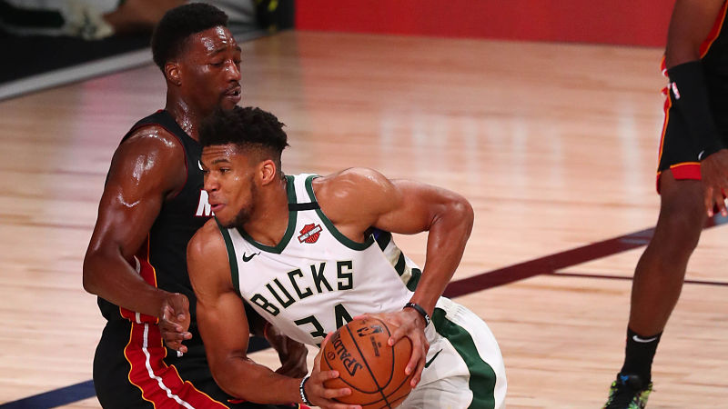 Miami Heat forward Bam Adebayo and Milwaukee Bucks forward Giannis Antetokounmpo