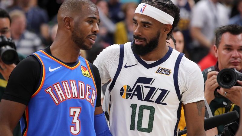 Oklahoma City Thunder guard Chris Paul (3) and Utah Jazz guard Mike Conley (10)