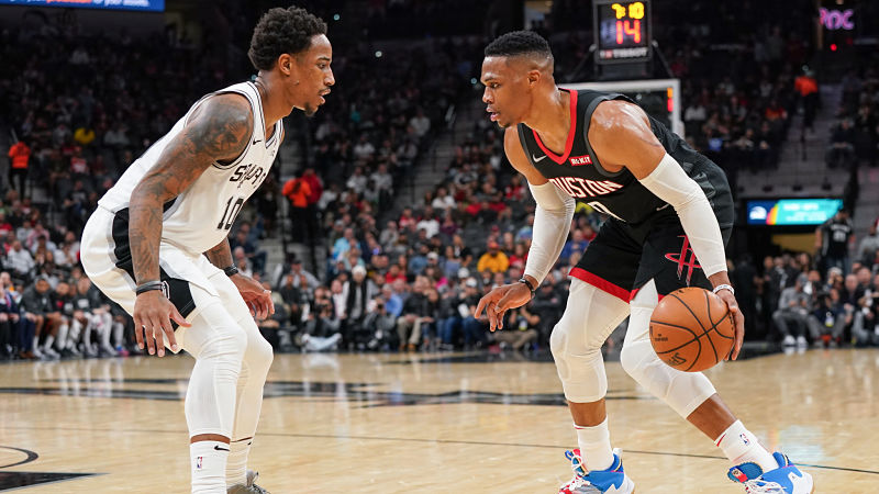 San Antonio Spurs guard DeMar DeRozan and Houston Rockets guard Russell Westbrook