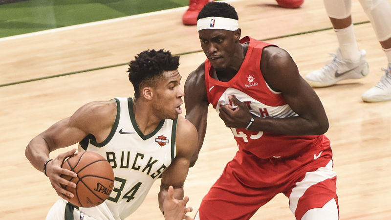 Milwaukee Bucks forward Giannis Antetokounmpo and Toronto Raptors forward Pascal Siakam