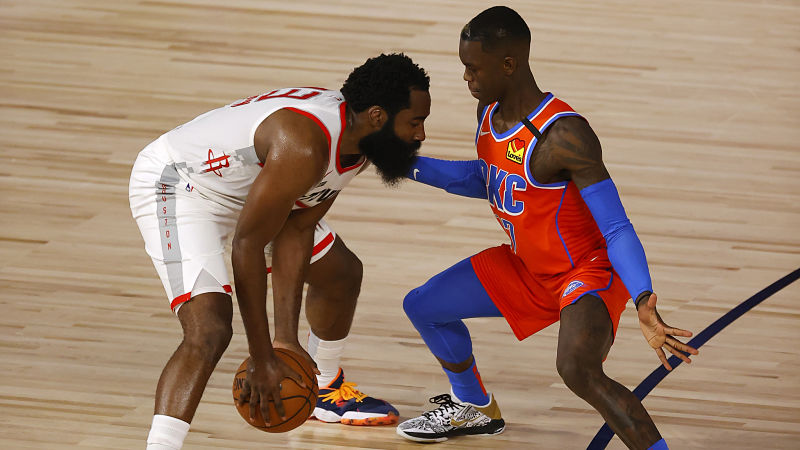 Houston Rockets guard James Harden and Oklahoma City Thunder guard Dennis Schroder