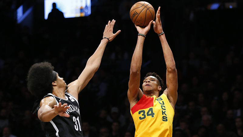 Brooklyn Nets center Jarrett Allen and Milwaukee Bucks forward Giannis Antetokounmpo