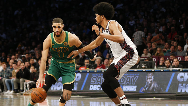 Boston Celtics forward Jayson Tatum and Brooklyn Nets center Jarrett Allen