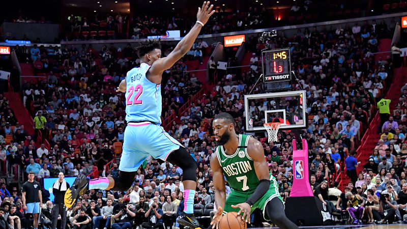 Miami Heat forward Jimmy Butler and Boston Celtics guard Jaylen Brown