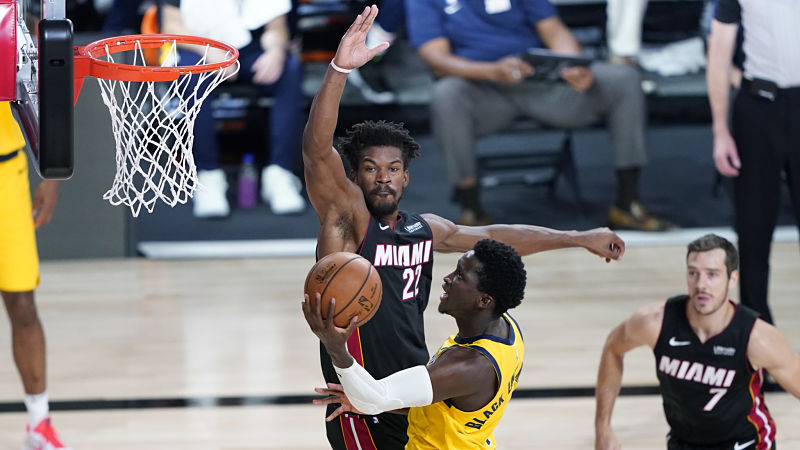 Miami Heat forward Jimmy Butler and Indiana Pacers guard Victor Oladipo