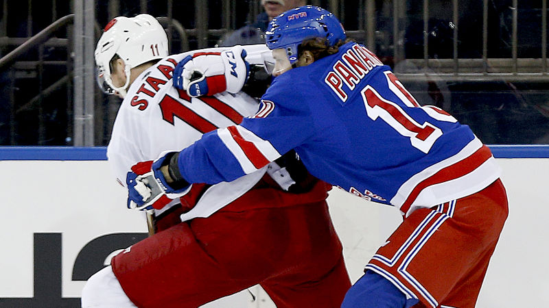 Carolina Hurricanes center Jordan Staal and New York Rangers left wing Artemi Panarin