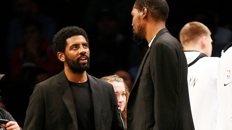 Brooklyn Nets guard Kyrie Irving (left) and forward Kevin Durant (right)