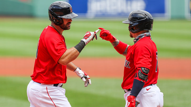 Boston Red Sox first baseman Mitch Moreland and catcher Christian Vazquez
