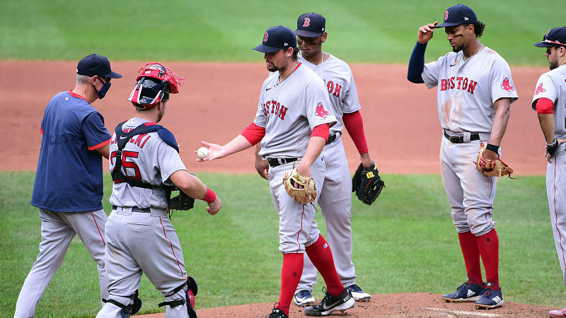 Boston Red Sox manager Ron Roenicke and pitcher Zack Godley