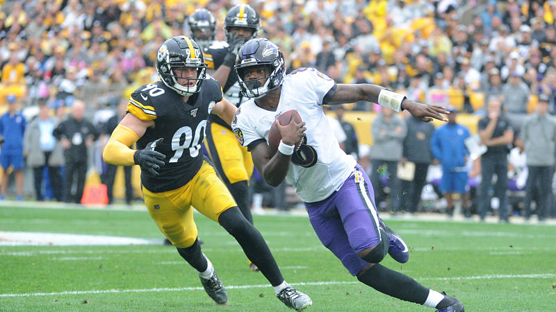Pittsburgh Steelers linebacker T.J. Watt and Baltimore Ravens quarterback Lamar Jackson