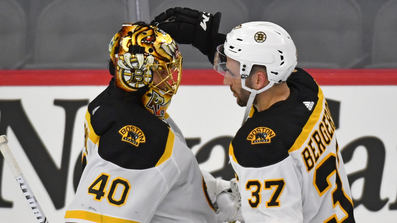 Boston Bruins' Tuukka Rask And Patrice Bergeron