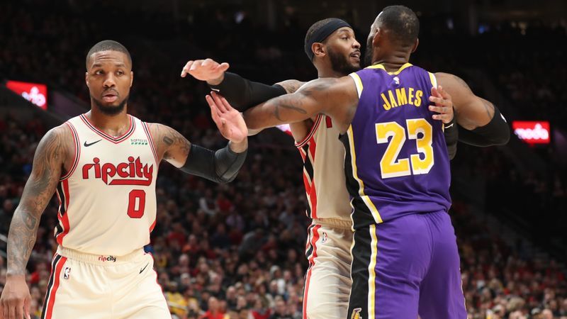Portland Trail Blazers guard Damian Lillard, Trail Blazers' forward Carmelo Anthony, Los Angeles Lakers forward LeBron James