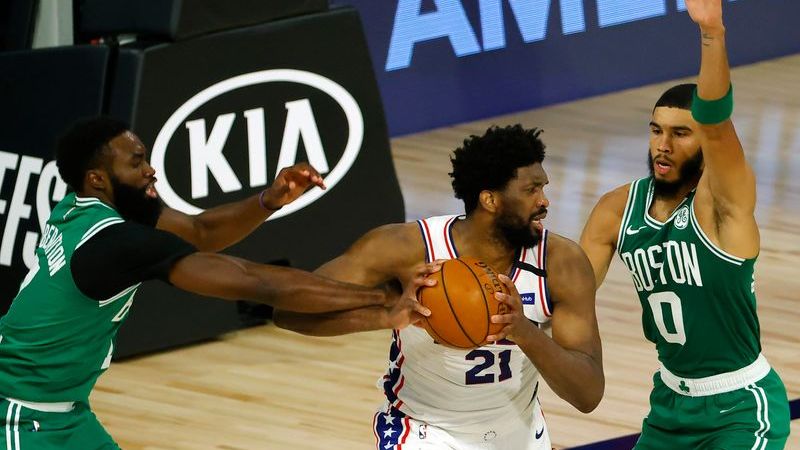 Boston Celtics wing Jaylen Brown, Philadelphia 76ers center Joel Embiid, Boston Celtics wing Jayson Tatum