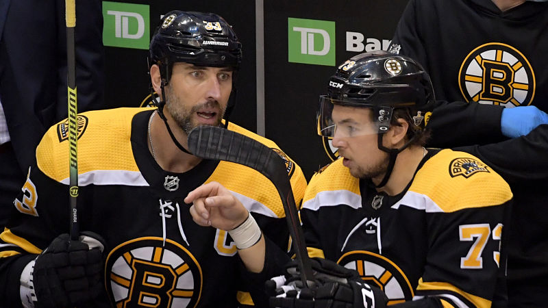 Boston Bruins defensemen Zdeno Chara, Charlie McAvoy