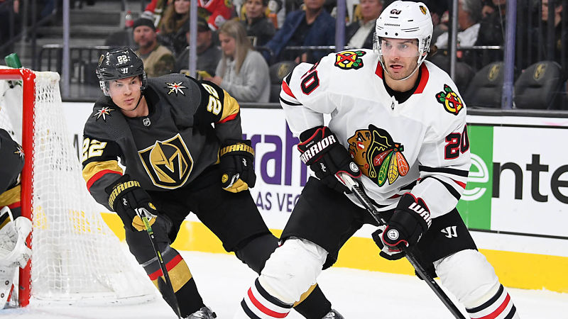 Chicago Blackhawks left wing Brandon Saad and Vegas Golden Knights defenseman Nick Holden