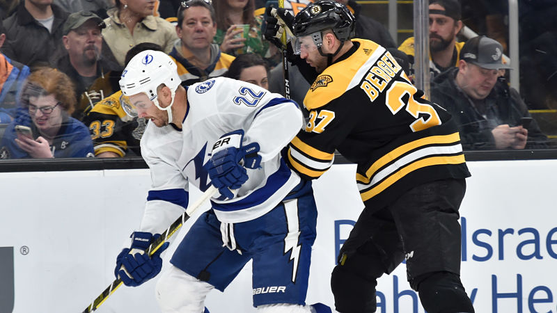 Tampa Bay Lightning defenseman Kevin Shattenkirk and Boston Bruins center Patrice Bergeron