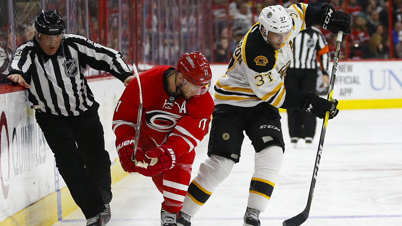 Carolina Hurricanes forward Jordan Staal and Boston Bruins forward Patrice Bergeron