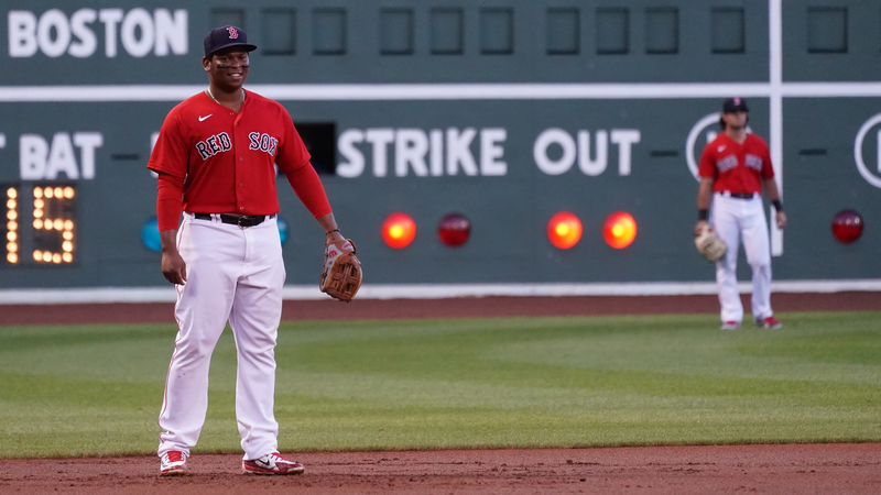 Boston Sox third baseman Rafael Devers, left fielder Andrew Benintendi