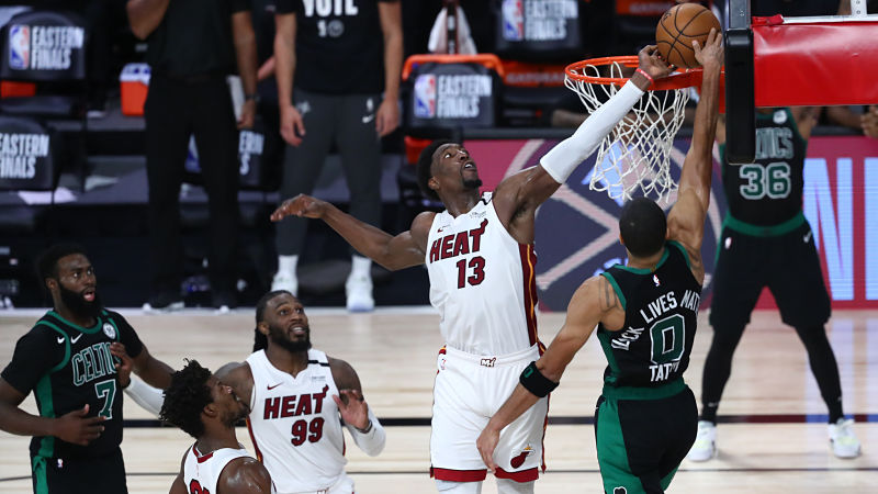 Miami Heat forward Bam Adebayo and Boston Celtics forward Jayson Tatum