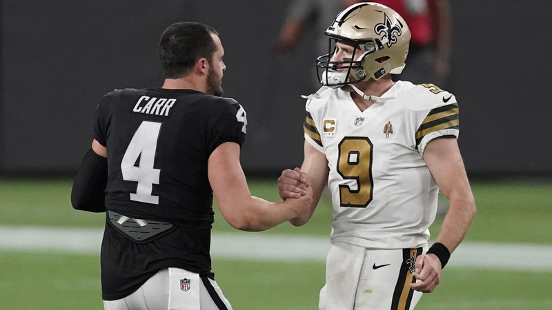 Las Vegas Raiders Quarterback Derek Carr And New Orleans Saints Quarterback Drew Brees