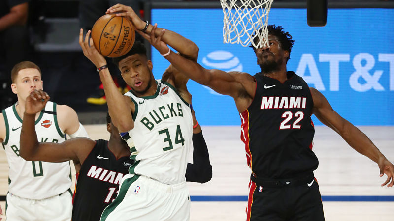 Milwaukee Bucks forward Giannis Antetokounmpo and Miami Heat forward Jimmy Butler