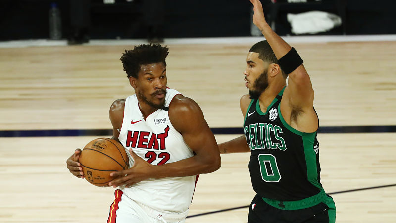 Miami Heat forward Jimmy Butler and Boston Celtics forward Jayson Tatum