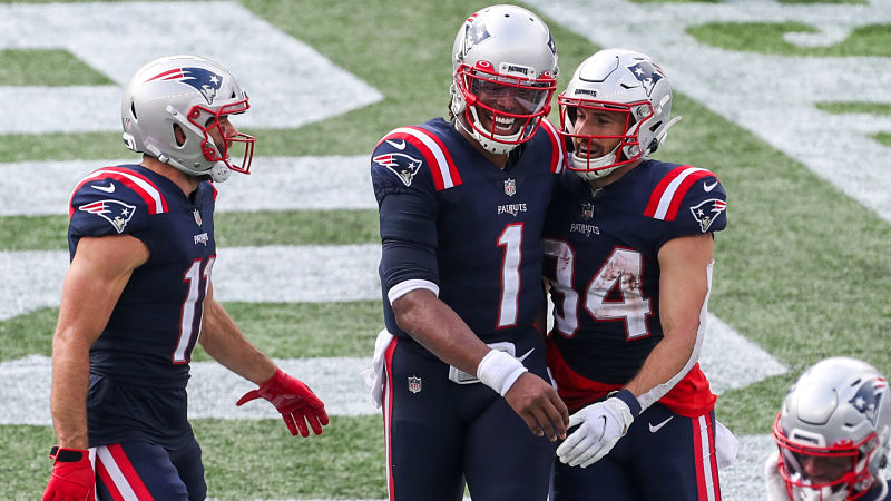 New England Patriots wide receiver Julian Edelman, quarterback Cam Newton and running back Rex Burkhead