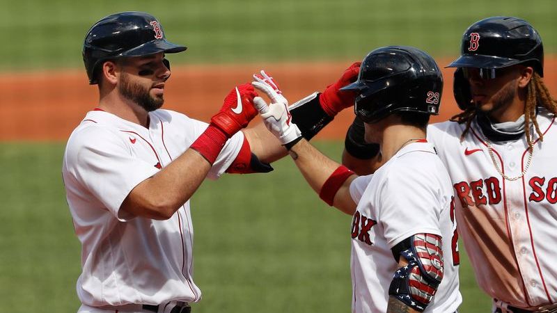 Boston Red Sox catcher Kevin Plawecki, Boston Red Sox's Michael Chavis, Boston Red Sox shortstop Jonathan Arauz