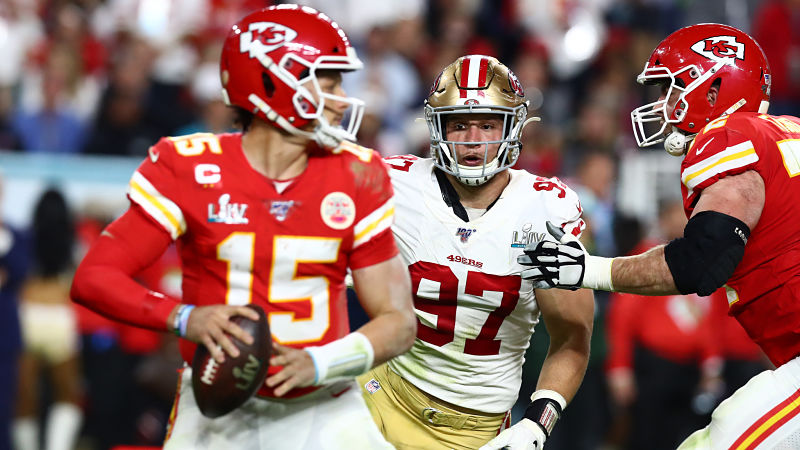 Kansas City Chiefs quarterback Patrick Mahomes and San Francisco 49ers defensive end Nick Bosa
