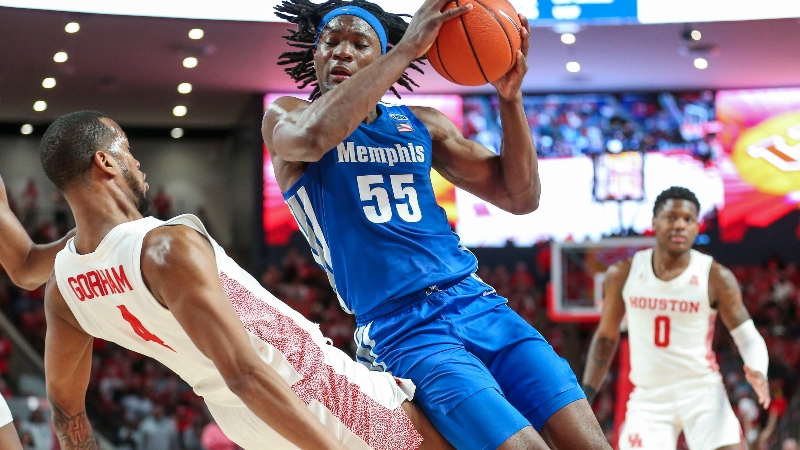 Memphis Tigers forward Precious Achiuwa (55) and Houston Cougars forward Justin Gorham (4)